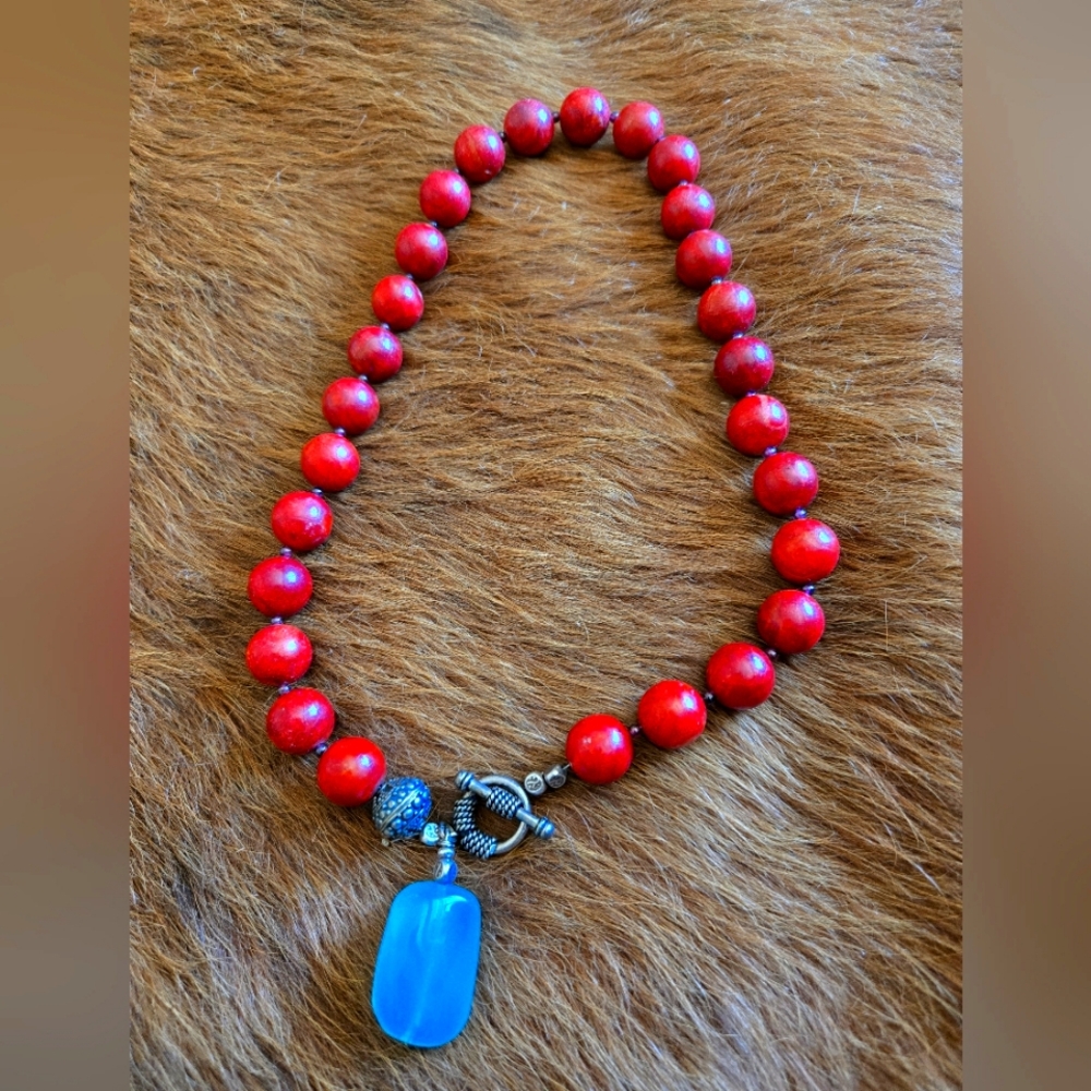 Red Beaded Necklace with Blue Pendant